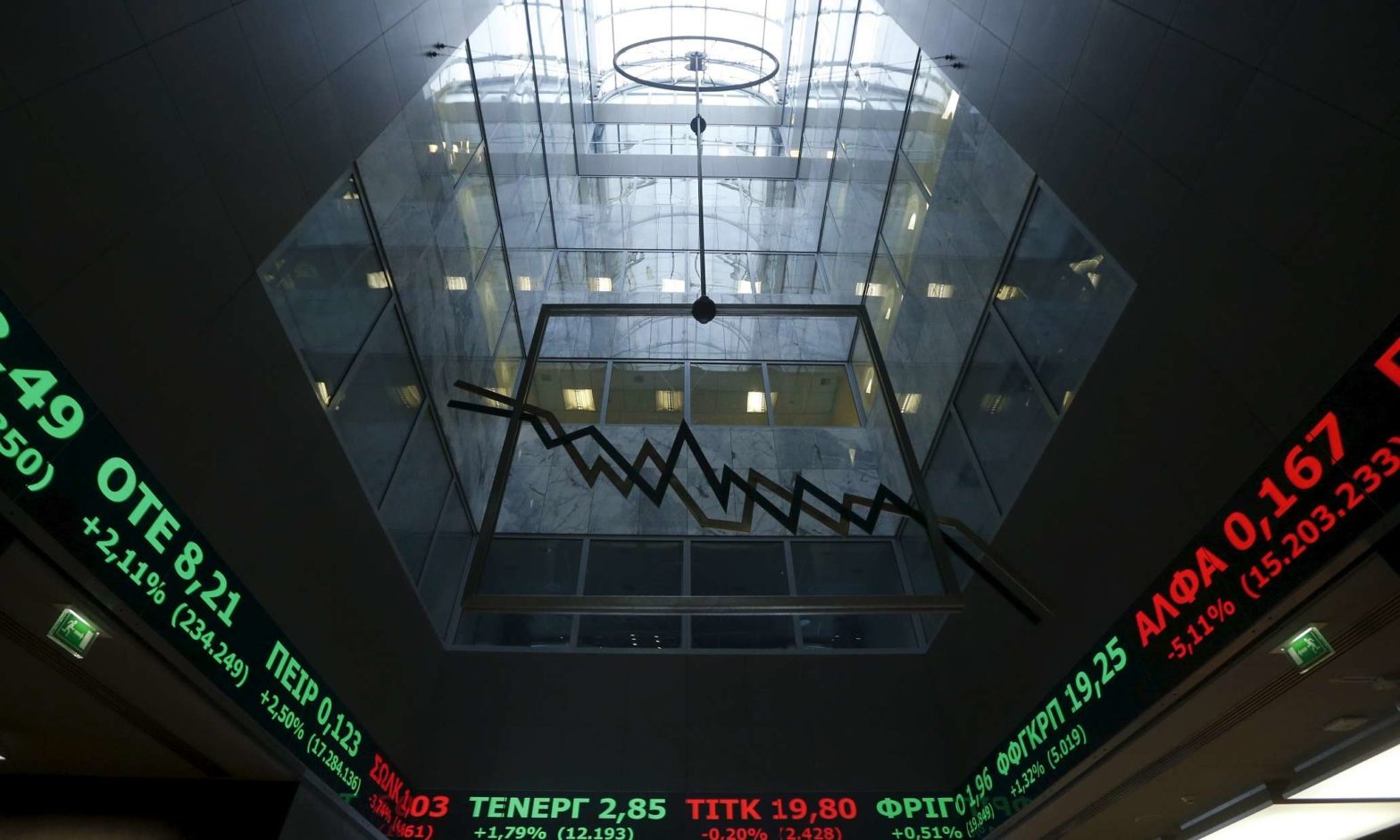 A stock ticker shows stock options inside the Athens stock exchange building in Athens