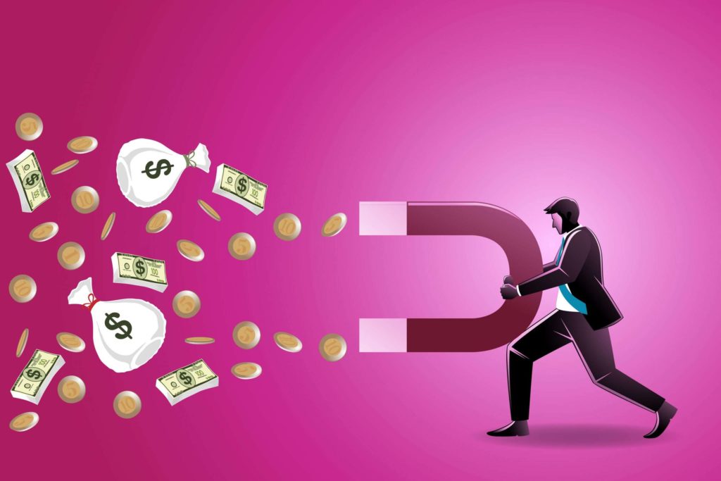Vector illustration of businessman holding a big magnet pull money