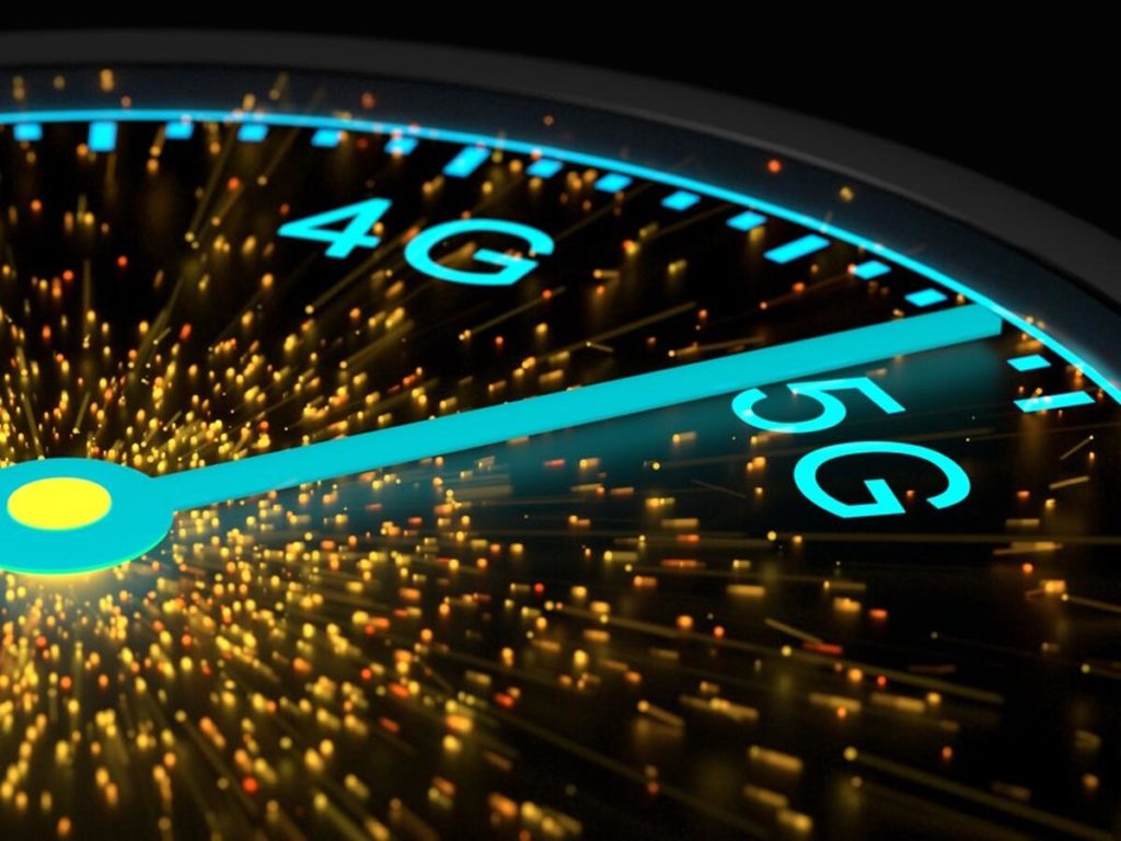 Speed instrument in blue reaching maximum 5G communication speed