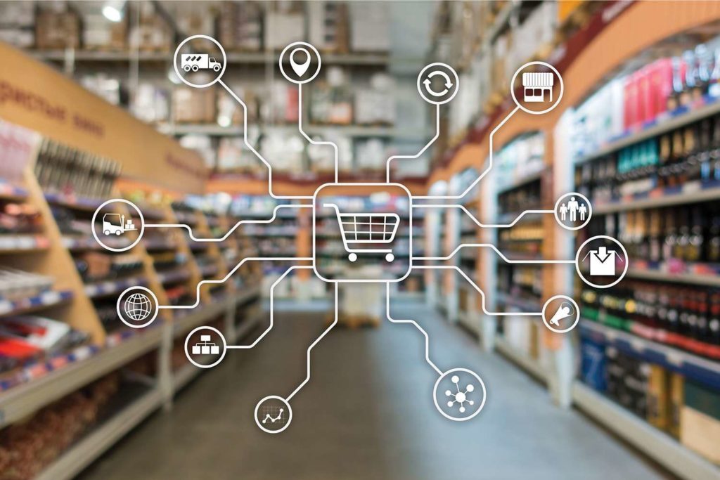 Retail marketing channels E-commerce Shopping automation concept on blurred supermarket background.