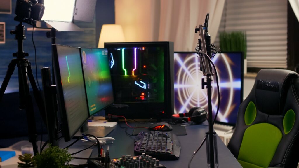 pc slide-view-streaming-home-studio-equipped-with-professional-equipment-during-esport-competition