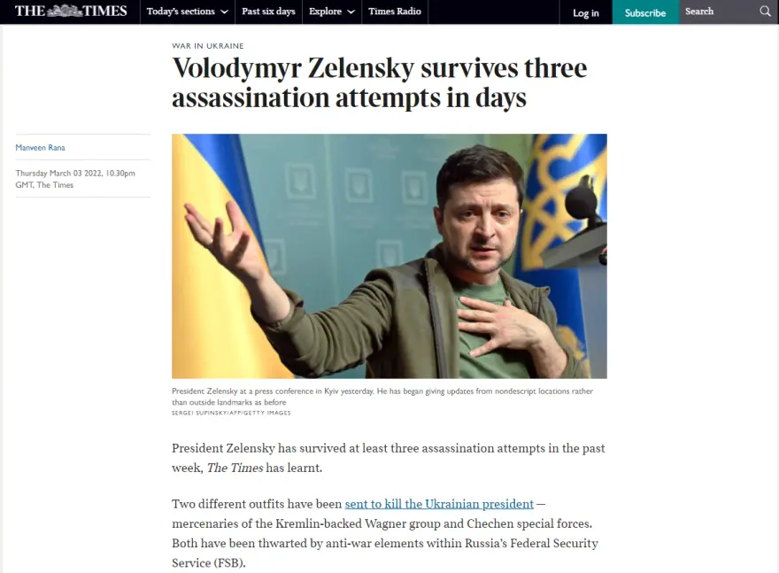 Times: Οι Ρώσοι έχουν φτάσει κοντά στην δολοφονία του Βολοντιμίρ Ζελένσκι τρεις φορές