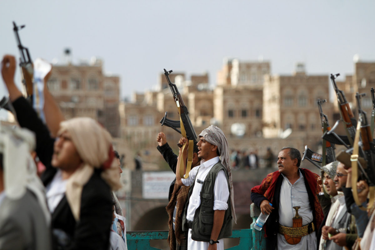 Houthi supporters attend a rally to mark the first anniversary of the killing of Saleh al-Sammad, who was the head of Houthi movement’s Supreme Political Council, by an air strike, in Sanaa