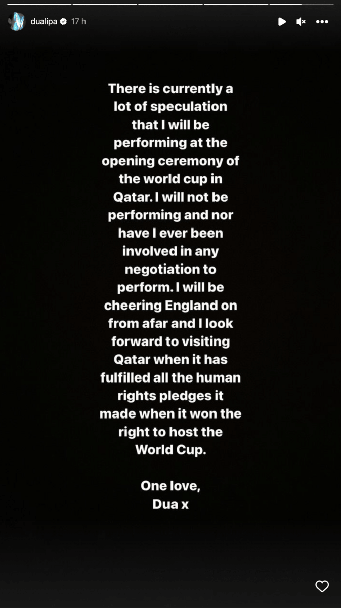Dua Lipa: Διαψεύδει ότι θα τραγουδήσει στο Μουντιάλ του Κατάρ και «τα βάζει» με τους διοργανωτές του Παγκόσμιου Κυπέλλου