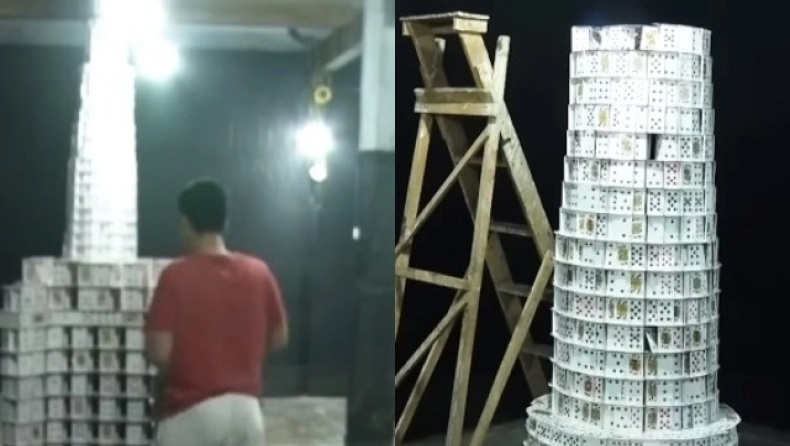 Έσπασε κάθε ρεκόρ με το γλυπτό από 143.000 τραπουλόχαρτα (βίντεο)