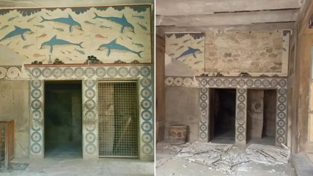 Κατάρρευση αντιγράφου τοιχογραφίας στην Κνωσό: Θυελλώδεις άνεμοι προκάλεσαν ζημιές – Άμεση παρέμβαση του ΥΠΠΟ